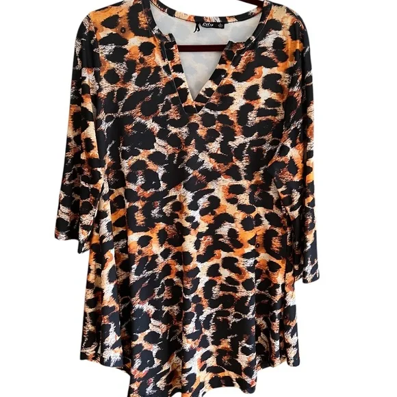 Animal Print Tunic Lily by Firmiana  Long Sleeves V-Neck Rust Orange Black - Picture 2 of 7